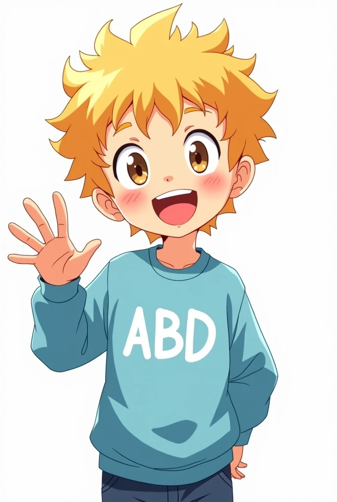 Make me a boy who looks like in anime, he has blonde curls and the background is white, he smiles and waves, the background should also be white and he has a light blue sweater with ABD written on it in white letters and take away the pink from his cheeks