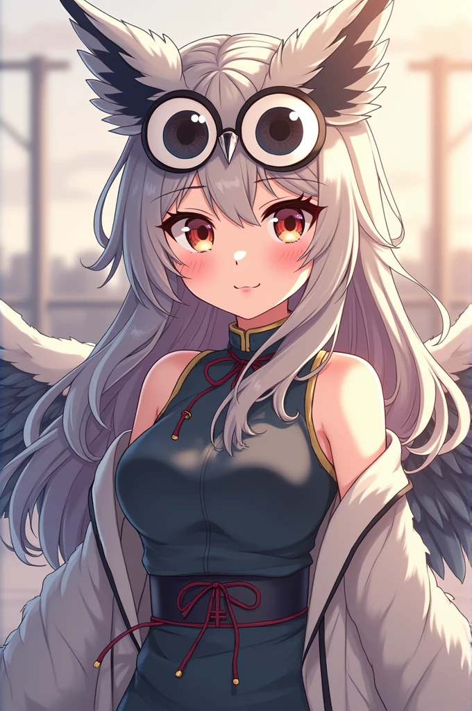 Anime woman with hybrid owl features, feathers, wings, fluffy hair, eyes large, regatta, highly detailed, animated character