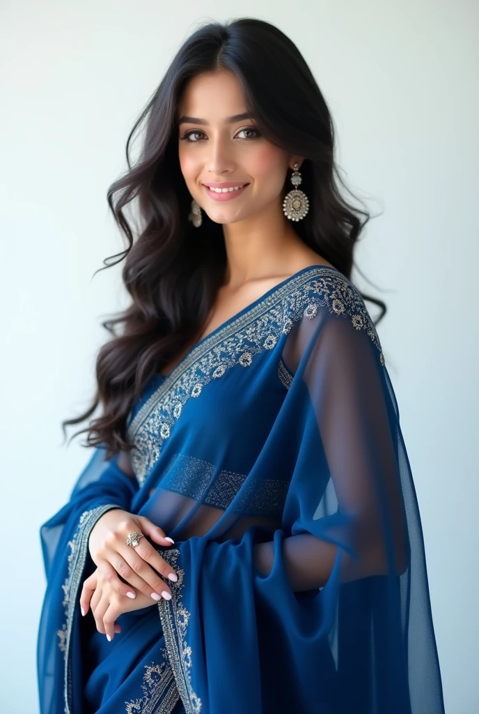  beautiful woman in dark blue saree in white background 