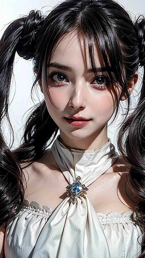 ((Beautiful Face:1.4)), (Purelos Face_v1: 1.0), Half Body,((White simple background)),chest, huge, Twin tails, Silver Hair, priest, ~ side, saint, dirty