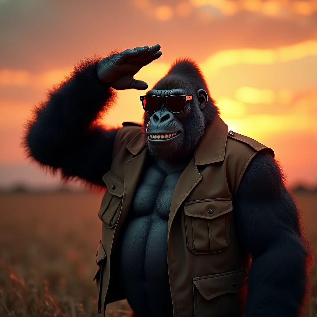 A cool gorilla saluting: "Illustrate a hyper-realistic image of a gorilla wearing dark sunglasses, giving a playful salute with a confident smirk. The gorilla is dressed in a casual military-style jacket, and its posture is relaxed yet respectful. The background is an open field with a sunset in the distance, adding a dramatic and cinematic touch."