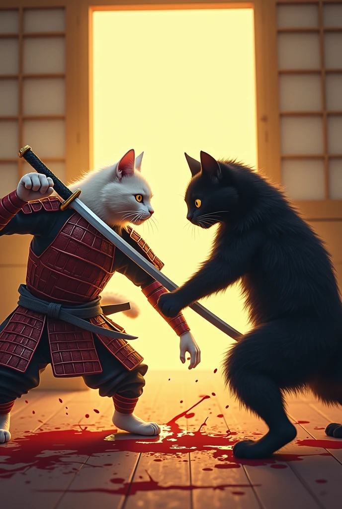 In a wooden floor room, there was a cat, the light was soft yellow. The tall, muscular, toned white cat, dressed in angry samurai armor, held a sword and slashed at a large black cat wearing samurai armor, blood splattered all over the house.