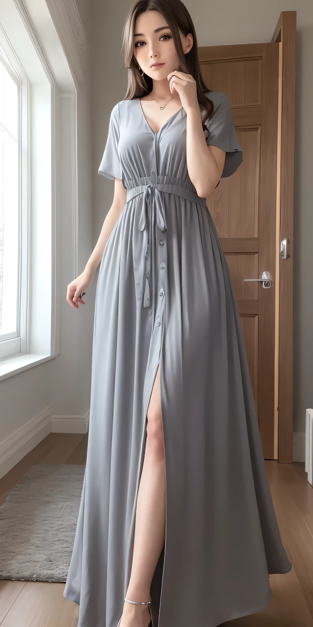 Grey dress, one person's, Brown Hair, Hair on the neck, ponytail, Grin, blush, Surrealism, Hyperrealism, Verism, Wide Shot, UHigh resolution, masterpiece, Accurate, Anatomically correct, Textured skin, Super Detail, Attention to detail, high quality, High resolution, 1080P, High resolution, 8k,