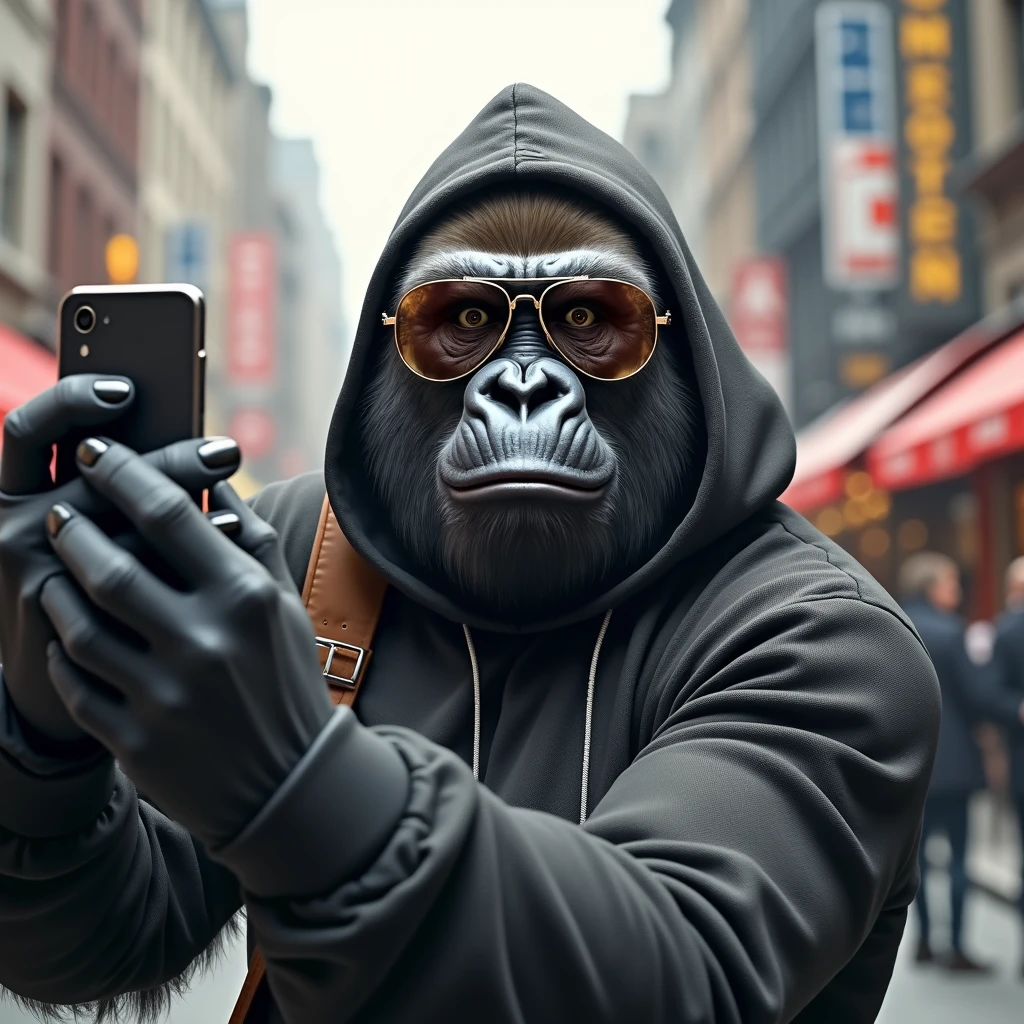 スマホでセルフィーを撮っているイケイケゴリラ: "A detailed and realistic close-up of a gorilla wearing reflective aviator sunglasses, holding up a smartphone to take a selfie. The gorilla is smiling confidently, and its outfit is casual yet stylish, with a trendy hoodie. The background is a busy city street with people walking by, adding to the modern, urban vibe."