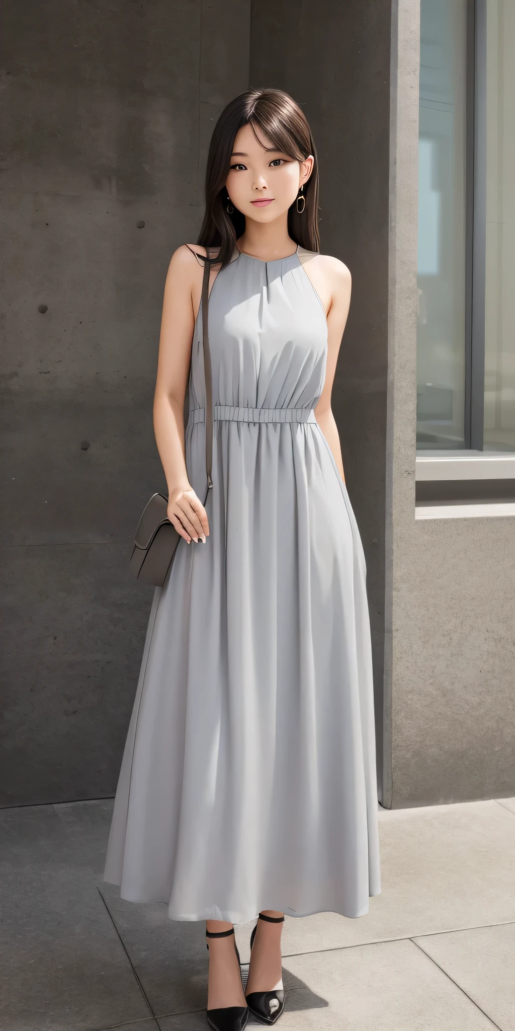 Grey dress, one person&#39;s, Brown Hair, Hair on the neck, ponytail, Grin, blush, Surrealism, Hyperrealism, Verism, Wide Shot, UHigh resolution, masterpiece,  Accurate, Anatomically correct, Textured skin, Super Detail, Attention to detail, high quality, High resolution, 1080P, High resolution, 8k, 