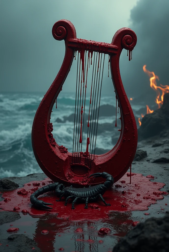 Visualize a broken lyre, with broken and bleeding strings, as a symbol of sadness and loss. In your environment, blood mixes with flames, forming a gloomy garland. A stormy sea is stirring around, and a scorpion slowly crawls over the wounded chest, adding a touch of poison to the suffering.