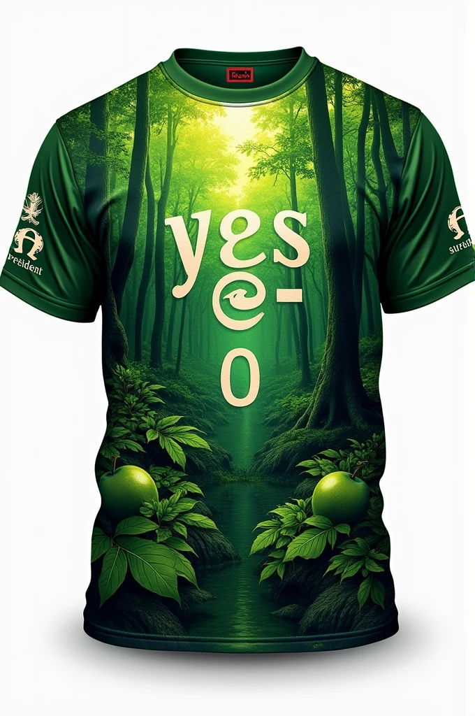 Photo of Sublimation t-shirt front and back
Color: Forest Green, Apple Green and Dark Green
T-shirt design: leaves/nature
Front: Yes-O (Vertical)
Left Arm: President
Back: Logo top and then Sure name