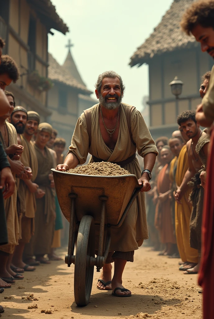 Top text: "When You Invent the Wheelbarrow in the Middle Ages:"
Image: A medieval peasant pushing a wheelbarrow with a huge, overly excited grin, while everyone around looks in awe like it’s the greatest invention ever.
Bottom text: "And suddenly, back pain is a thing of the past… unless you’re the one pulling the plow."