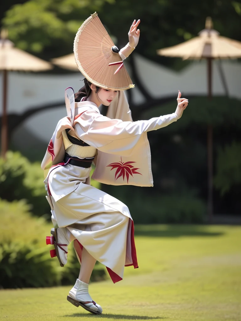 Photo-realistic quality、A woman wearing a pale pink kimono and a hat is dancing on the grass in the park,White sleeves、 traditional Japanese kimono, A professional masterpiece, Beautiful images, Japanese Model, Traditional Japanese Kimono Japanese Bon Odori,A soft and gentle look、Woman dancing Awa Odori、White Arms、Wearing black clogs