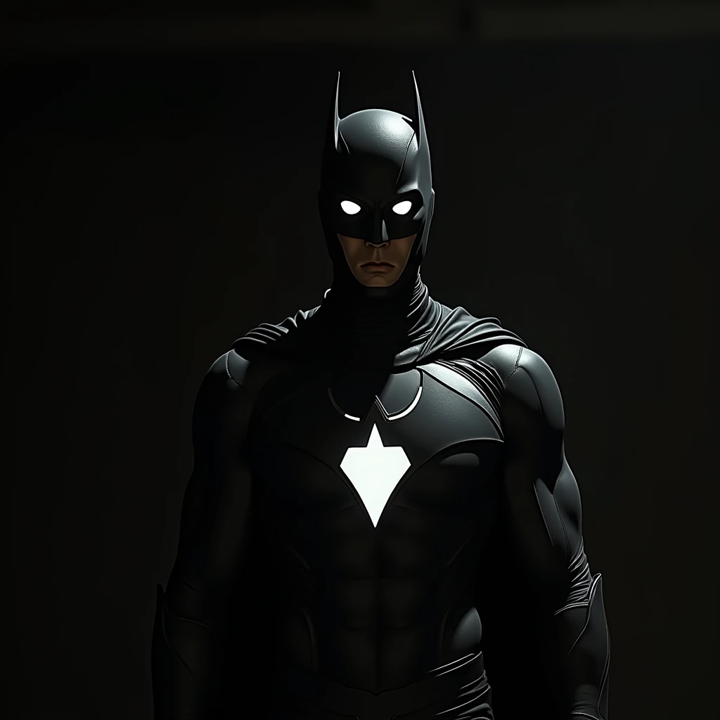 man, two white eyes, short eyes, superhero outfit, dark, silhouette only