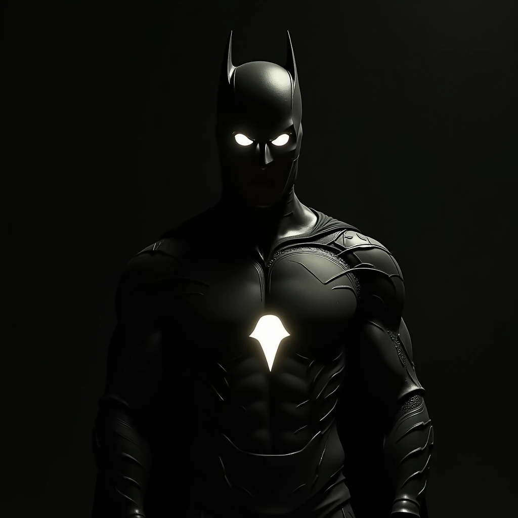 man, two white eyes, short eyes, superhero outfit, dark, silhouette only