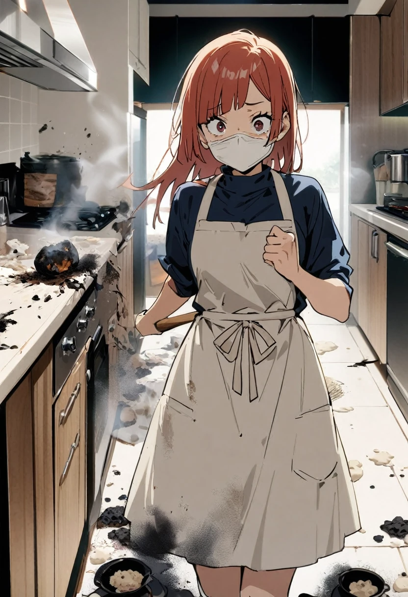 1girl, Miwa Kasumi, Jujutsu Kaisen, kitchen disaster, flour-covered face, messy apron, burnt food, smoke, panicked expression, official character design, masterpiece, best quality, absurdres