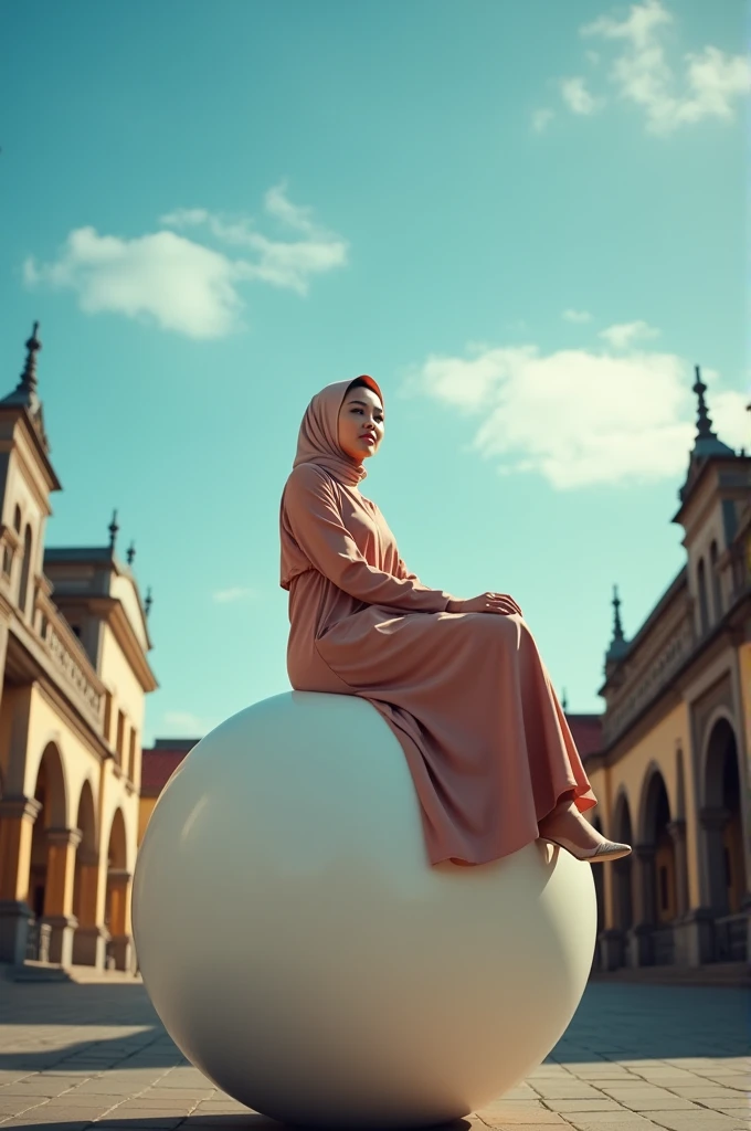 portrait taken by professional photography, a beautiful Indonesian woman wearing elegant Muslim clothing, with a unique accent. Sitting on a white ceramic ball, which is placed on the sidewalk on the side of a quiet street in the artistic city of Jogjakarta, Indonesia. Behind it is a classic ancient building with a blue sky and some clouds.. beautiful lighting, the soft sunlight adds to the beauty of this composition. 