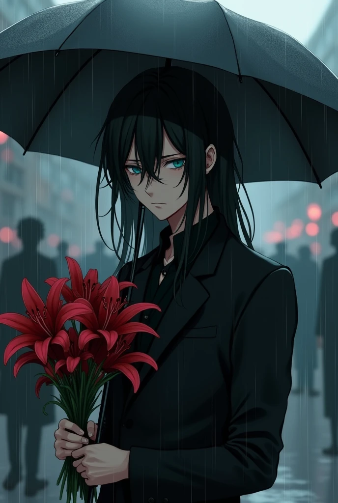 A sexy male, long black hair, teal blue eyes, delicate features, white and pale skin. In funeral, full black clothes, raining, holding an umbrella, holding flowers. Looking down. ((((Gloomy)))) (masterpiece) (ultra-detailed precision)) (pretty drawn) (pretty drawn face) (despair) (sadness) (1 male) ((sad) (close to camera) ((red death lilys) ((looking down) (sad) ((gloomy atmosphere)) (anime style)