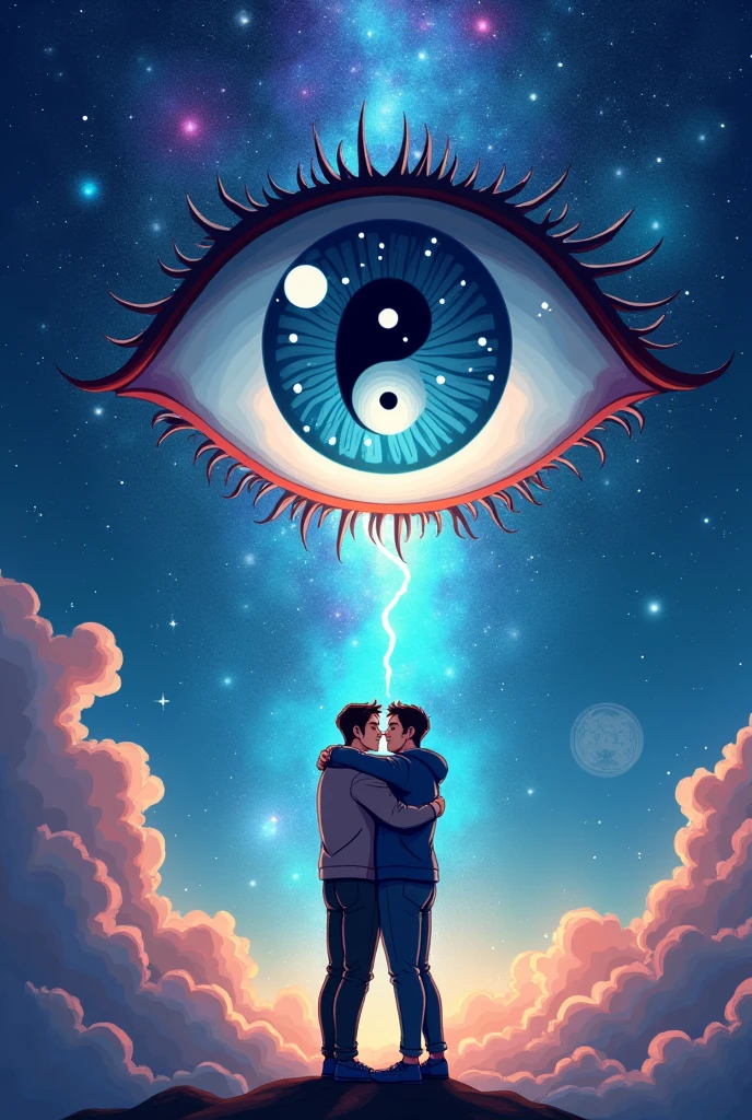Create me a good book cover like the background is a some sort of the universe and in between or in any part, there is a big mysterious eye, and inside that eye, there is the symbol yinyang, and create a two men below the eye show that they are really In love Make it fantasy vibes and make it simple but artistic , emphasize the yinyang on the eye. Make it more cartoonish and make the book cover like a beginner but have a experience on art