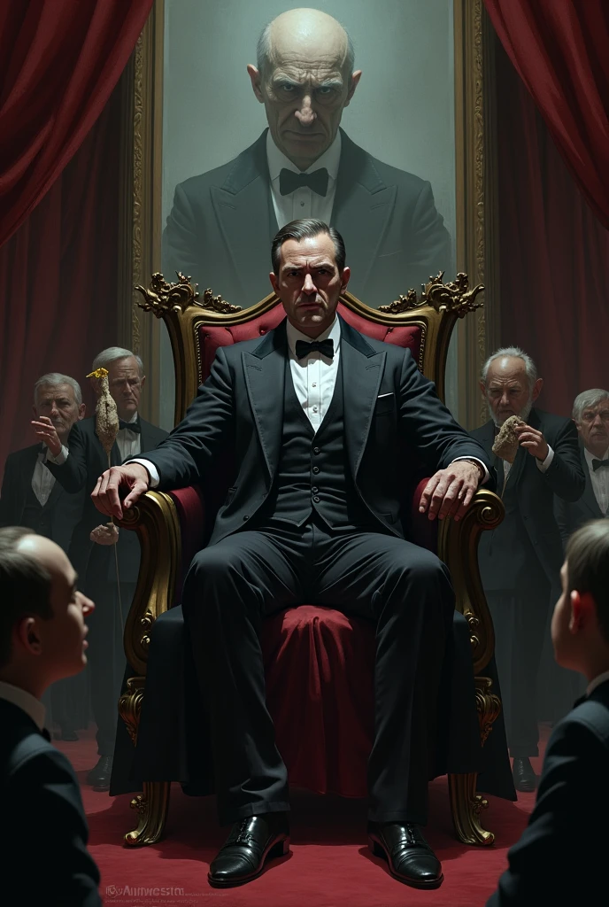 Drawing a character, dressed in elegant, dark-colored clothes, He is sitting on a throne or in an imposing-looking chair, with a gesture of authority on his face. In one hand, holds a scepter or symbolic object; in the other, He has a puppet that he manipulates with precision. Around it, several smaller figures, with expressions of fear or submission. In the background, A large mirror reflects the image of the character, but instead of an exact reflection, shows a distorted or monstrous version, hinting at the double face of control and manipulation.