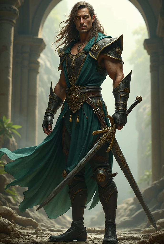 A man of 2, half elf half human, with yellow eyes, brownhair, bonitas, with 1,78, with warrior mage skills 