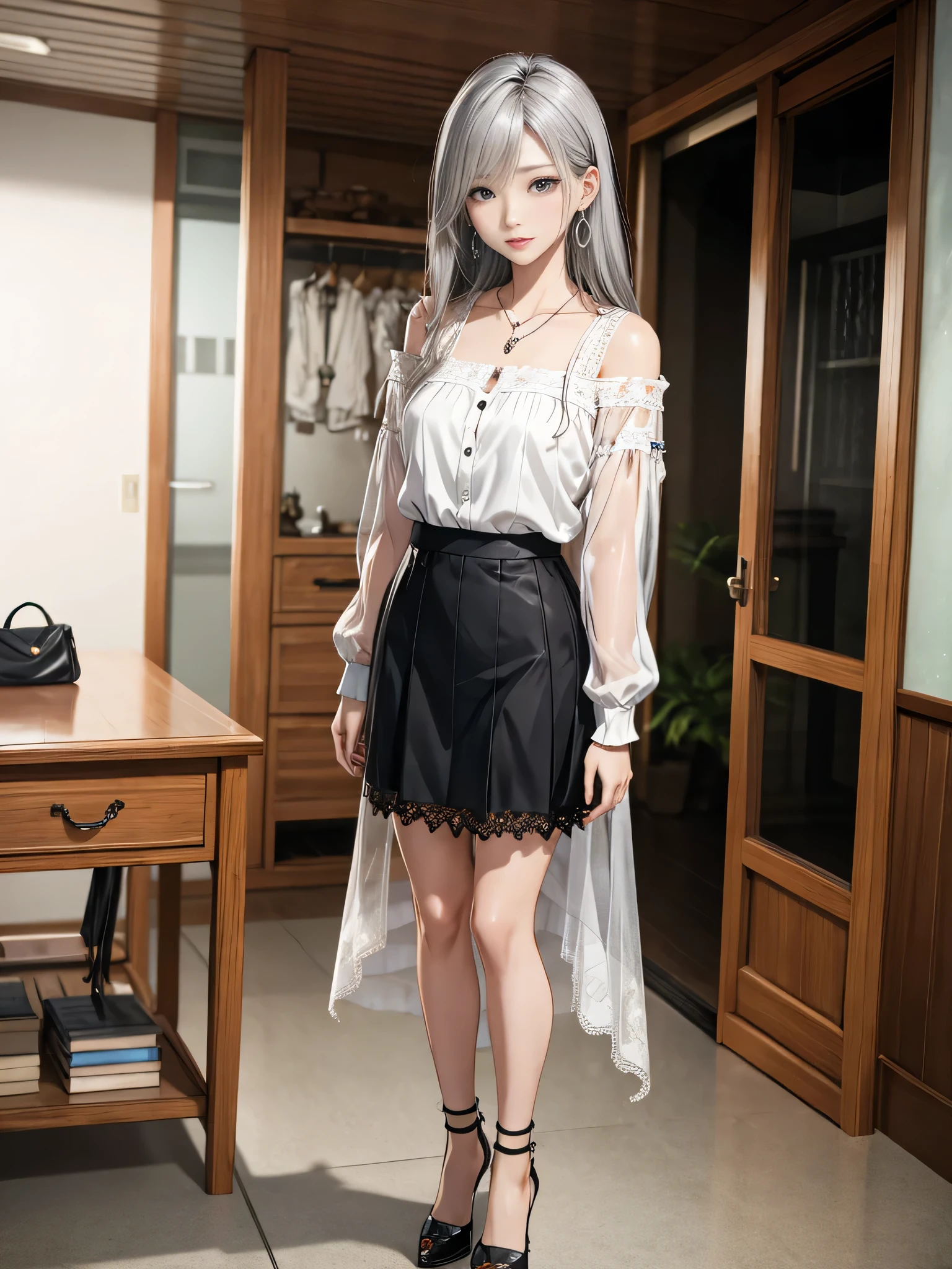 ((Biologically correct limb count))、((Full Body Shot, Full-body photo including face、Head to toe photos))、4K、(masterpiece:1.3)、((Symmetrical facial features))、Eyes of meticulous depiction、beautiful 、Excellent style、（(skirt、See-through shirt with embroidered lace on the chest、High heels with anklets)）、Detailed Description、shopping、Married Woman、sex appeal、Alluring、Handbags、Earrings、necklace、Looking up、Silver Hair、(male:-0.5),(multiple:-1)