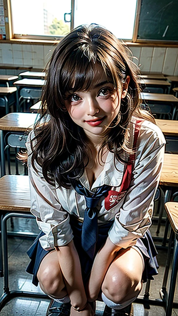 ((masterpiece)),((Highest quality)),Absurd,, One person, One person, Squatting cowgirl, throw, school uniform, Exposed panties, , (classroom:1.1), sunlight, , (Half-closed eyes:0.4), (Lips parted:1.4), (Red nose:1.2), A light smile, (Nervous),(Very beautiful face)