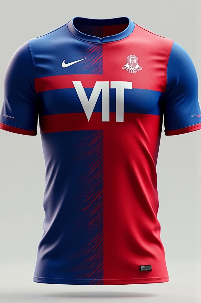 Generate 10 football jersey designs in red and blue colours with 'VIT' logo on the chest 