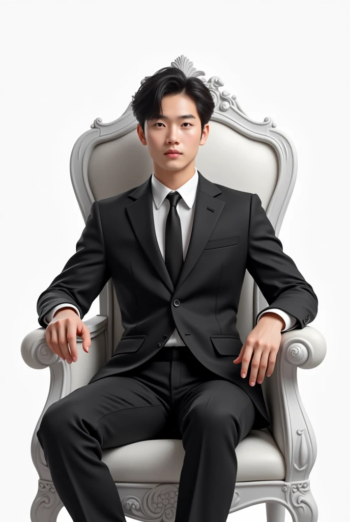 25 yearsold korean man semi animated portrait sitting in the white royal chair with white background and her 2 hands put it in the armchair with a blacksuit