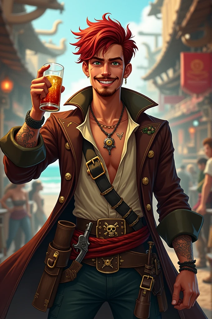 Generate the image of a pirate for a DnD campaign total body. A male pirate around 20 years old with an excited face. He has long dark red curly hair, with dark red mustache and goatee. His eyes are dark green and he has a scar on his left eye. He’s wearing a leather trench coat, under the coat a soft shirt open, he’s wearing a belt with a red band, on the side he had two sabers and two XVI century guns. He’s wearing many bracelets and necklaces, he has many tattoo. He’s at the pub drinking rum, in the background the harbor of Tortuga