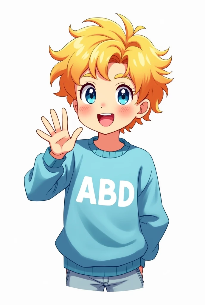 Make me a boy who looks like in anime, he has blonde curls and the background is white, he smiles and waves, the background should also be white and he has a light blue sweater with ABD written on it in white letters and take away the pink from his cheeks