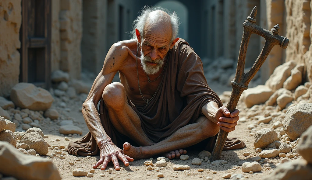 work sits in ashes with his wounds exposed as he scratches himself with a waldosa, (old person), no tattoos