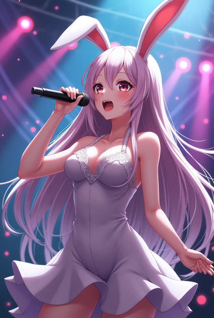 Japanese Anime style art Bunny girl singing song using mic