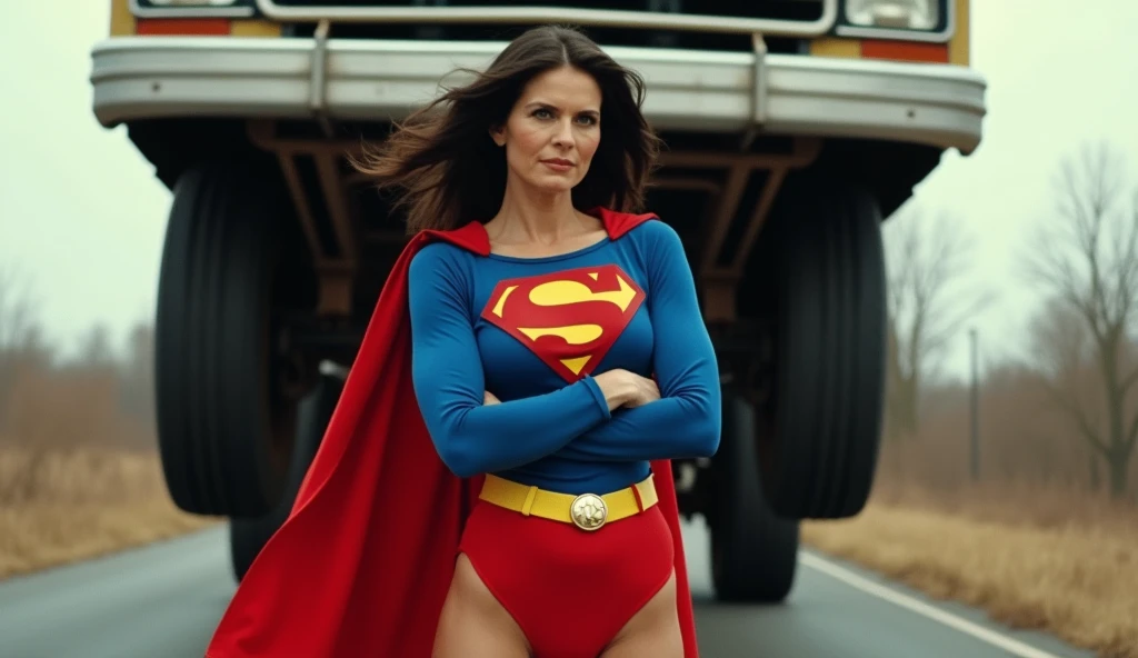 (((very beautiful old Supergirl (((1980s costume))) Julie Hagerty(((dark-haired, large-breasted woman in her 50s)))) old Super woman Julie Hagerty; confident, powerful, indestructible, attractive; big and firm chest; strong breasts; arms crossed, levanta facilmente um a a truck on the road sobre sua cabeça; arms of a strong woman. HD. Photograph, ((realism)), extremely high quality RAW photograph, ultra detailed photograph, sharp focus, high resolution, (detailed skin:1,3),high quality, film grain, Fujifilm XT3,Highly Detailed, movie, (Cinematic Photo:1.3) of (Realistic:1.3)