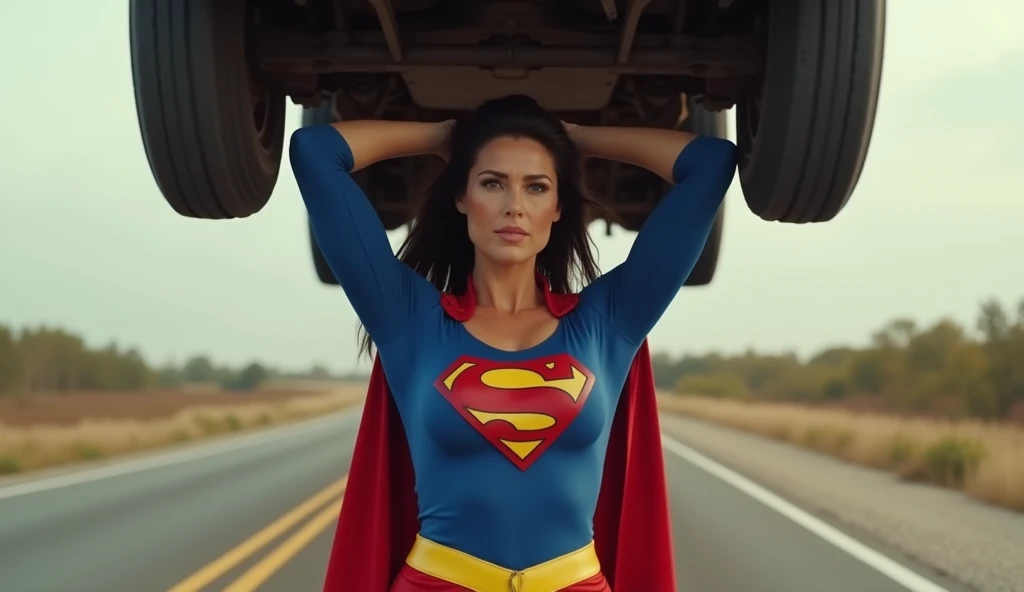 (((very beautiful old Supergirl (((1980s costume))) Julie Hagerty(((dark-haired, large-breasted woman in her 50s)))) old Super woman Julie Hagerty; confident, powerful, indestructible, attractive; big and firm chest; strong breasts; arms crossed, levanta facilmente um a a truck on the road sobre sua cabeça; arms of a strong woman. HD. Photograph, ((realism)), extremely high quality RAW photograph, ultra detailed photograph, sharp focus, high resolution, (detailed skin:1,3),high quality, film grain, Fujifilm XT3,Highly Detailed, movie, (Cinematic Photo:1.3) of (Realistic:1.3)