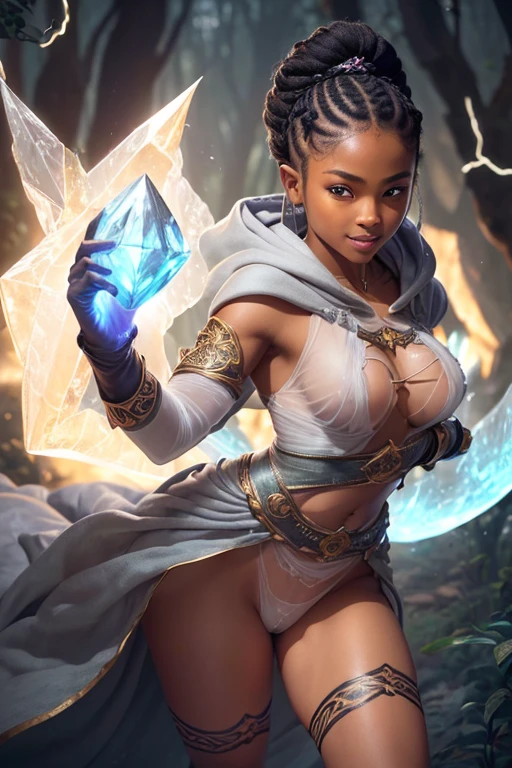 A young monk girl with african features, riding a animal, lovely charming face, having white gold skin tone pigmenting texture , ( full body perfect detailed masterpiece), ( dark skin tone texture masterpiece ), ( native Tribal hairstyles look), ( having a illuminating white gold crystalized wavy short hair ), ( has a artistic tattoos ),(( wearing hoodie of monk design)), (smiling, with exposed teeths showing open mouth)(perfect full body detailed anatomy), (Super accessories detailed), (fighting pose), (perfect detailed crystal Gray sparkling eyes),(wearing illuminating gemstone crystalized accessories hair), ((expose big hard erect nipples))(( exposed panty, with pussy clitoris exposed and slip showing))((legs wide open showing pussy line))(( Wearing transparent illuminating see thru monk costume )), (( wearing gauntlet, fist gloves)), (( illuminating different lights covering the sorrounding atmosphere forest with a misty shadow effects showing)) ruins back temples with many flora and fona rarity, on its back wearing monk cape detailed design, has deadly presence, ((having 7 different perspective view of that same girl & face profile sheet character style ))