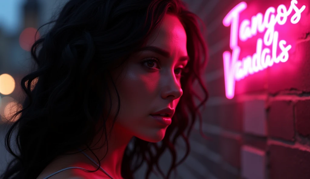 Sexy woman, sensual look, Profile, wavy black fur. Add a discreet pink neon sign that literally says tangos vandals in the urban scene.