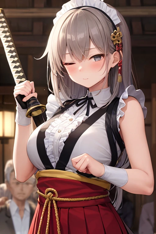 (((ultra high definition))), (((super high quality))), (((detailed))), (((Attention to details)))
2 maid: 1 long brown hair young mature woman with lively look, very loyal to his master, He carries a bushido katana , athletic body, hand in fist with the other greeting you, tight clothing that shows off her medium-sized breasts ,traditional Japanese dojo skirt the other is his youngest apprentice (adolescent) and inexperienced, blushing look, medium body, Grey hair with braid behind and hands intertwined, She carries the katana in her right hand with a floral ornament while playing the traditional flute with her eyes closed., both waiting for you in their master's study for sex. Both are very pretty, especially the smallest one..