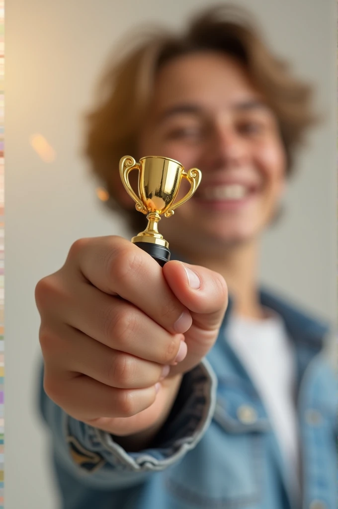 A close-up of a hand holding a small trophy, a person jumping in joy, or a small cake with a single candle being blown out.