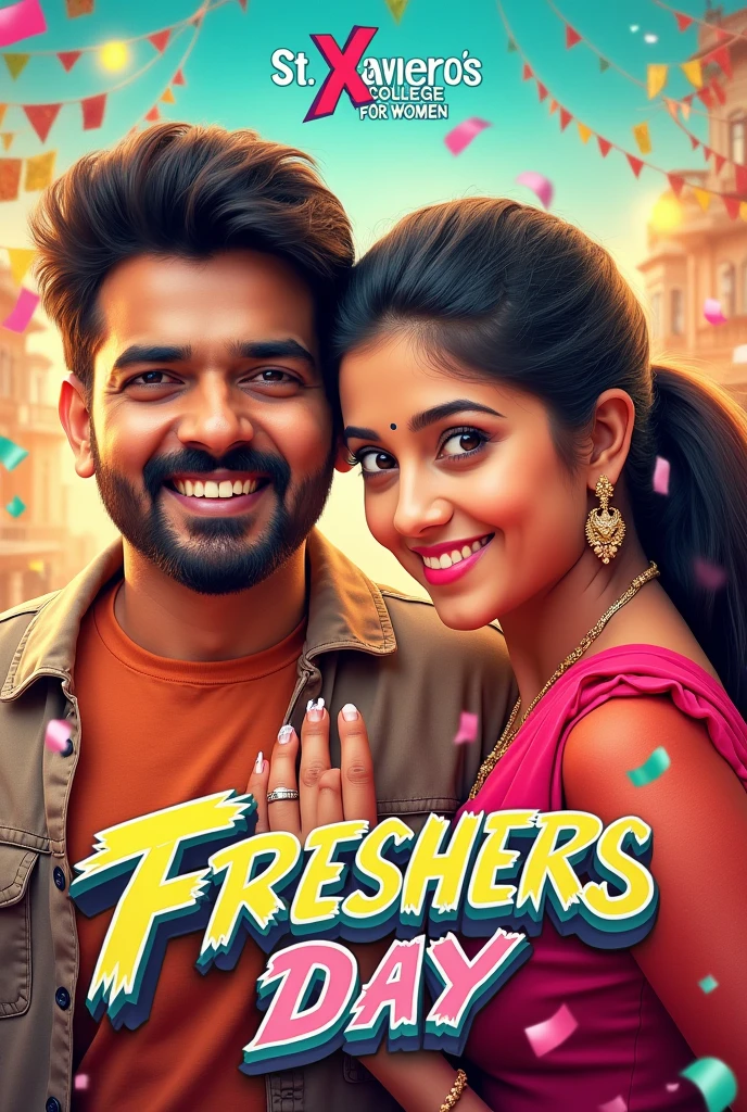 Create a poster heading should be st Xavier's college for womens freshers day with real  Malayalam comdey actress and actors like pappu urvashi no logos no brandings