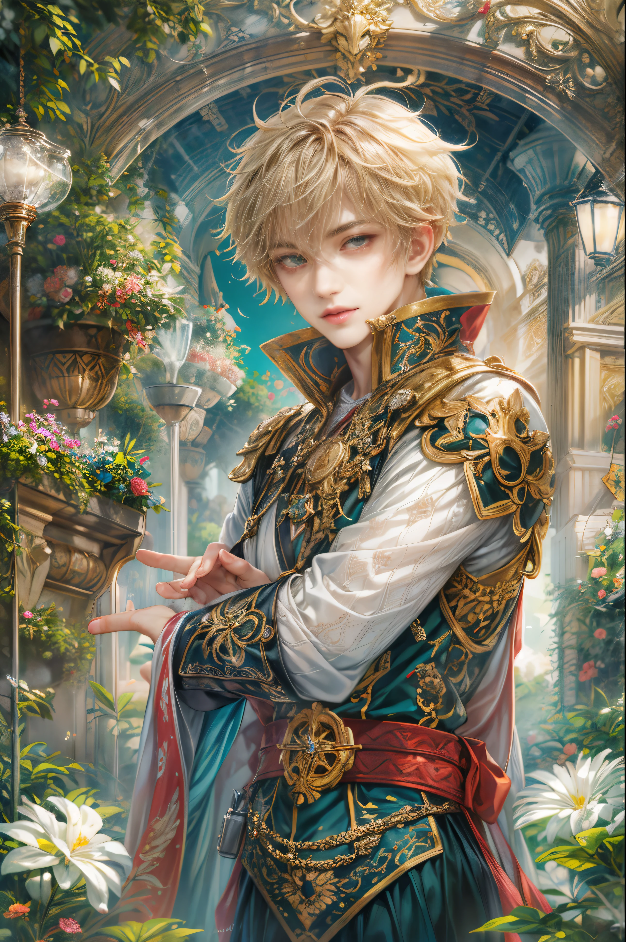 (Absurdities, High accuracy, Very detailed, Human development report), Masterpiece, Complex details,Best quality image of a character from Tales of the Rays, Handsome teenage boy with anime eyes and short hair, Complex details على الوجه, In the scene of the sanctuary, a detailed outdoor garden, detailed character, Kinuji art