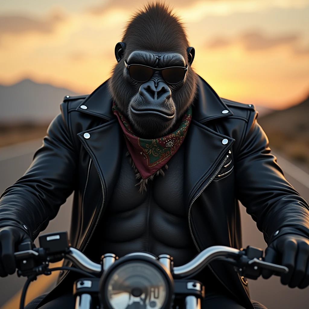 バイクに乗っているイケイケゴリラ: "A hyper-realistic close-up of a gorilla wearing black wraparound sunglasses, sitting on a motorcycle with a determined expression. The gorilla is dressed in a leather jacket with a bandana around its neck, giving off a rebellious, biker vibe. The background is a deserted highway at dusk, with the sun setting behind the mountains, adding a sense of adventure and freedom."