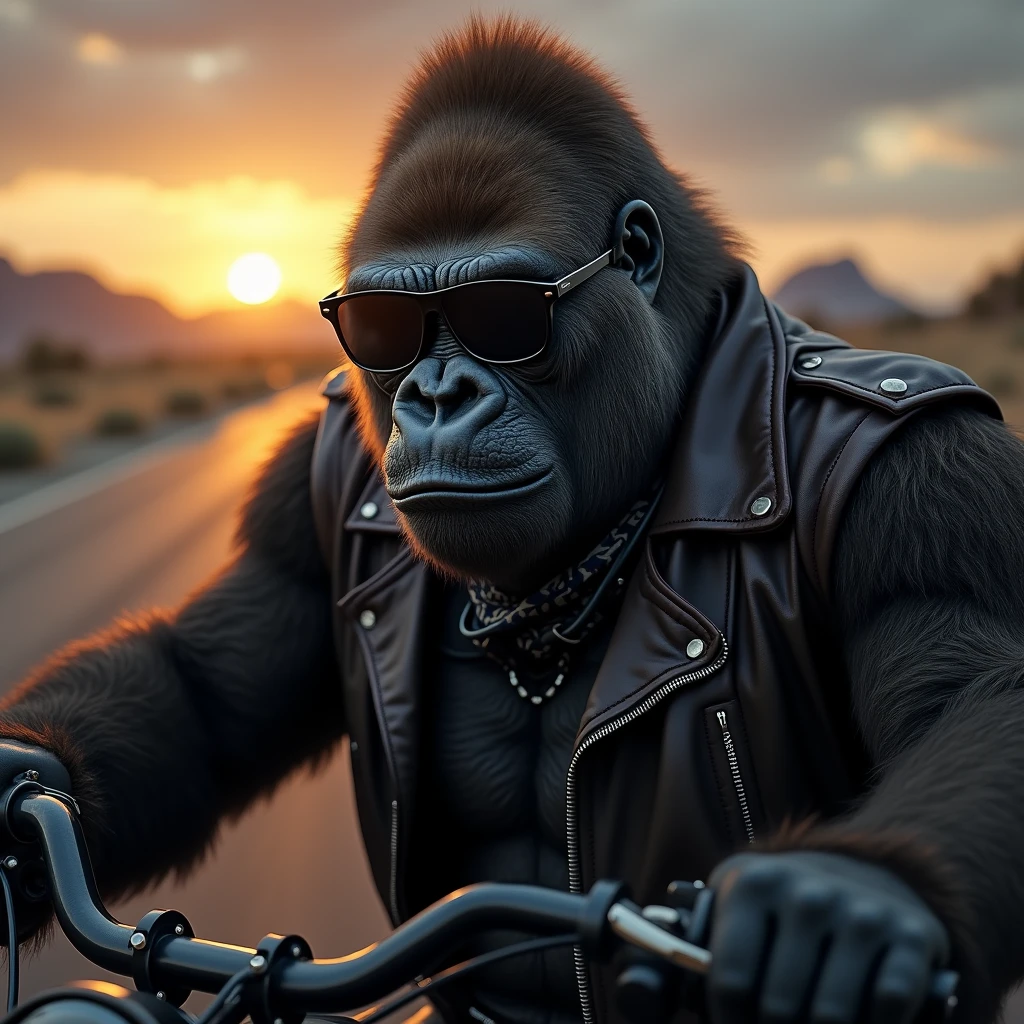バイクに乗っているイケイケゴリラ: "A hyper-realistic close-up of a gorilla wearing black wraparound sunglasses, sitting on a motorcycle with a determined expression. The gorilla is dressed in a leather jacket with a bandana around its neck, giving off a rebellious, biker vibe. The background is a deserted highway at dusk, with the sun setting behind the mountains, adding a sense of adventure and freedom."