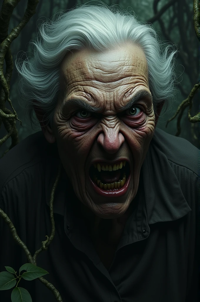 A scary granny with white eyes, with baldness, and a blood-stained stick in his right hand, dressed in a bloodstained white dress, making a bad face.