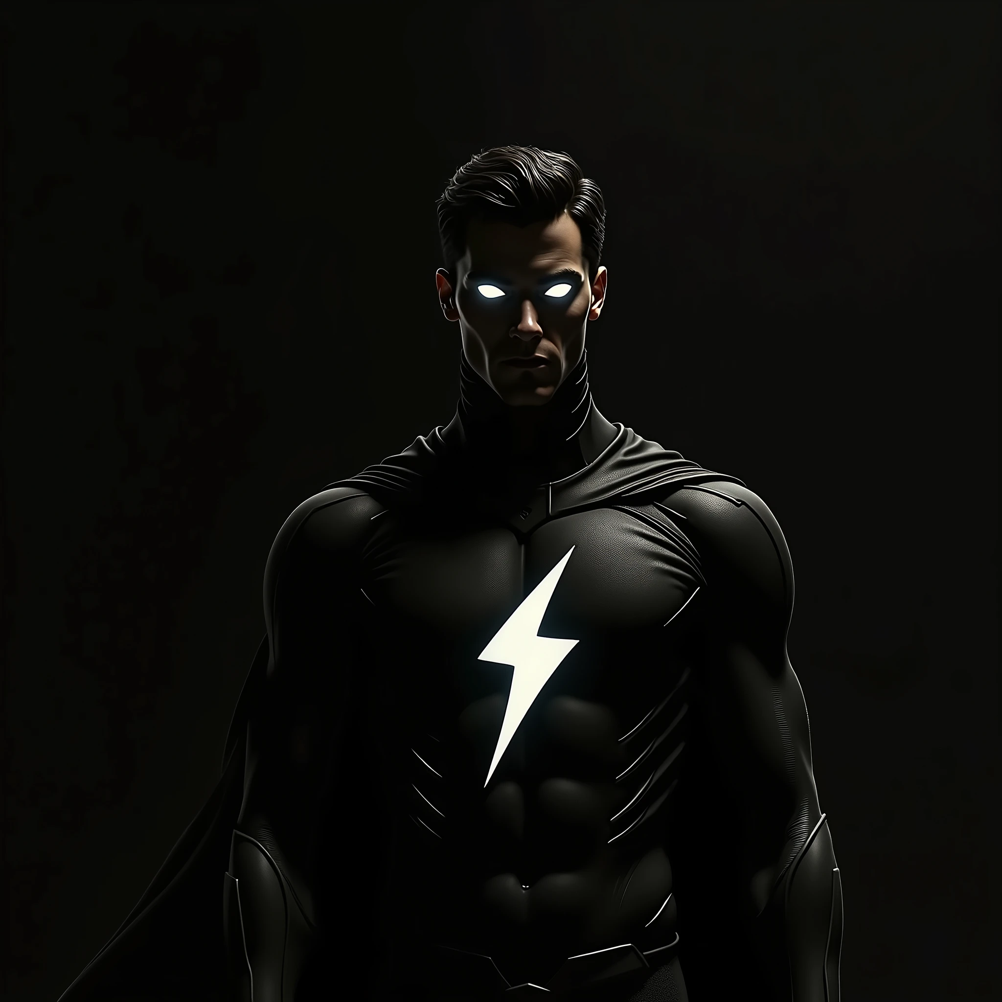 man, two white eyes, superhero outfit, dark, silhouette only