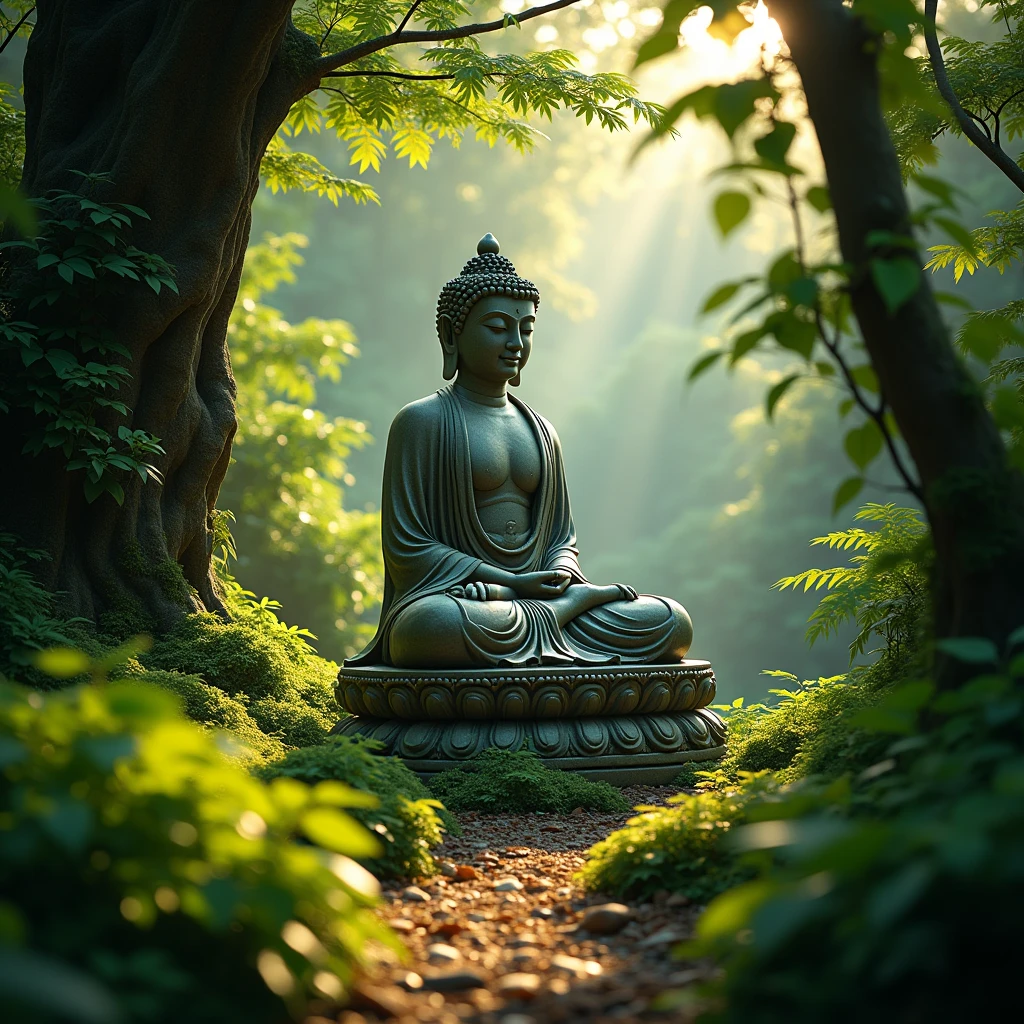 (Buddha Statue), A Buddha statue is surrounded by lush trees, and the sun shines through the leaves and casts mottled light and shadow on the Buddha statue. The Buddha statue blends harmoniously with the surrounding natural environment, showing an otherworldly tranquility. The colors are mainly green and the warm tones of the Buddha statue, the light and shadow are mainly based on the tering of sunlight, and the details are reflected in the carving art of the Buddha statue and the surrounding ecological diversity. Beautiful cinematic lighting, surreal, color graded, dynamic movement, captivating chiaroscuro, full body, award-winning, cinematic still, emotional, vignette, dynamic, vivid, (masterpiece, best quality, photorealistic, Professional, perfect composition, very aesthetic, absurdres, ultra-detailed, intricate details:1.3)