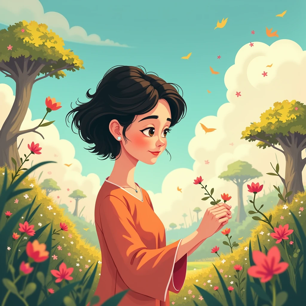 Animation design of a two-dimensional drawing of a mother with short black hair in a fantasy world