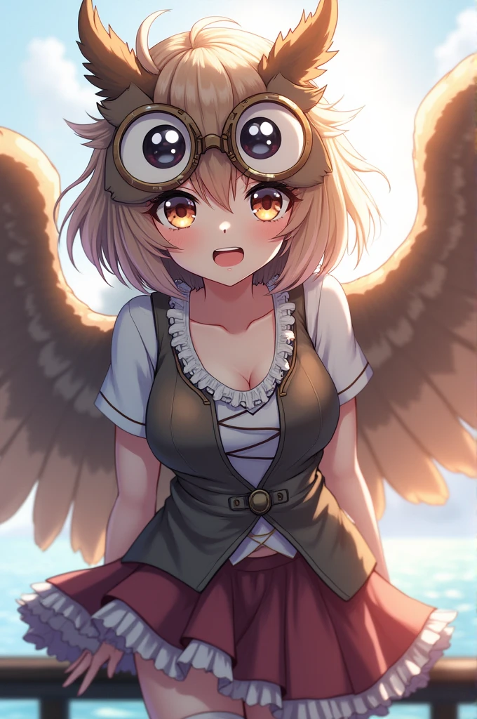 Anime woman with hybrid owl features, feathers, wings, fluffy hair, eyes large, regatta, highly detailed, animated character