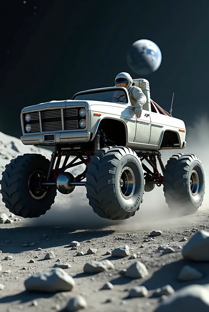 monster truck  futurista, piloted by an astronaut,  jumping in the craters of the moon, 8K resolution, clear