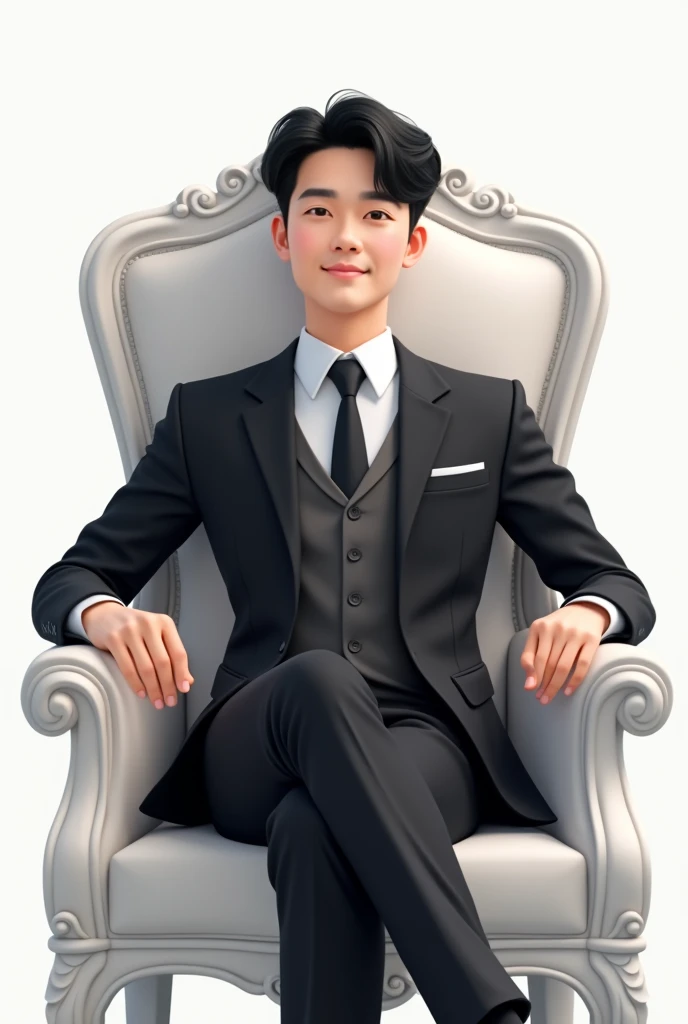 25 yearsold korean man semi animated portrait sitting in the white royal chair with white background and her 2 hands put it in the armchair with a blacksuit