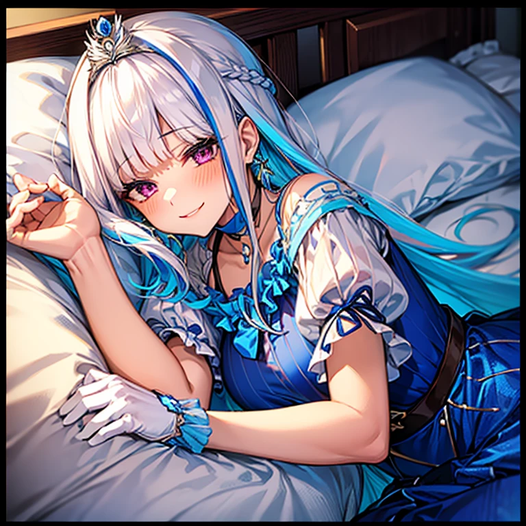 high quality,(ベッドにLying on your backに寝る:1.5), Lying on your back,full body,outstretched arms, lh1, long hair, tiara, blue dress, jewelry, white gloves, earrings, choker, frills, braid, puffy short sleeves, A seductive smile, Shot from directly above,Blushing, smile, Big Breasts,detailed face