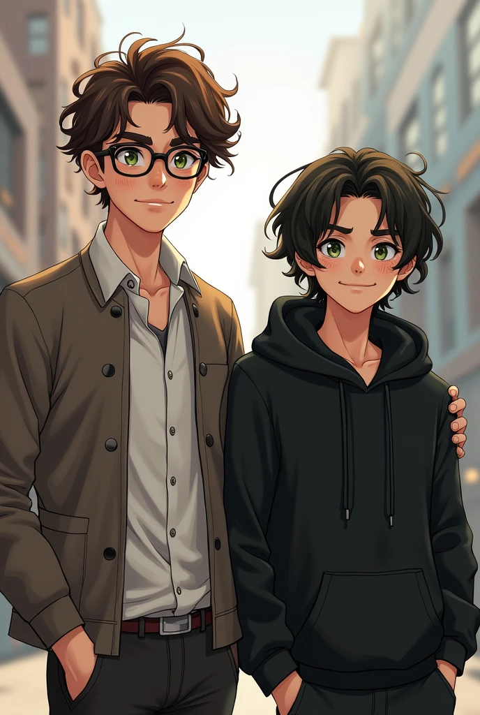 draw two guys standing next to each other, in the left the guy is about 6'2 tall has eye glasses and has brown curly hair, he wears pre-med clothes and has green eyes, the other guy beside him wears black clothes has long black hair and freckles looking playful