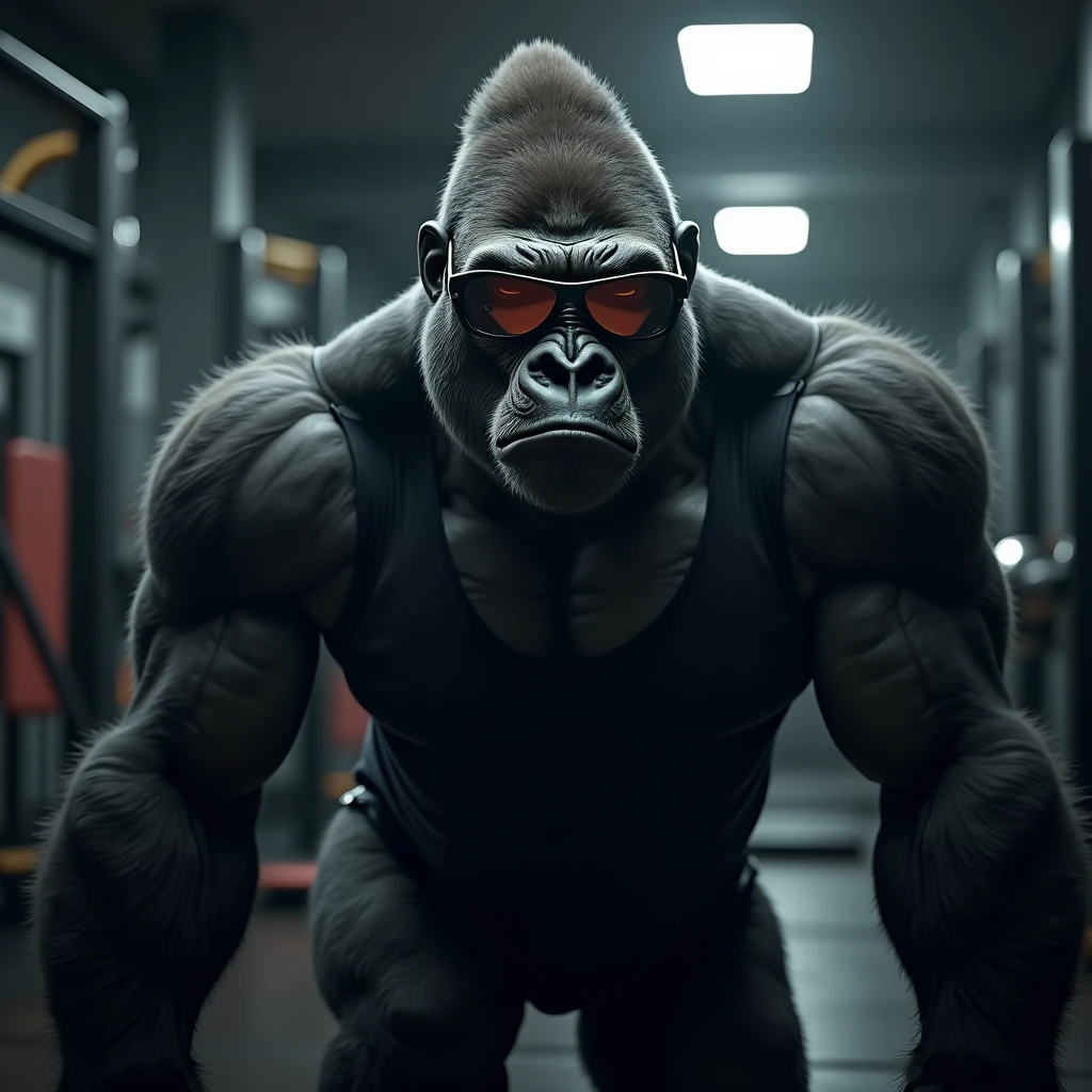 A cool gorilla threatening through sunglasses: "A detailed and lifelike image of a gorilla in reflective sunglasses, leaning forward with a serious, intimidating stare. The gorilla’s muscular arms are flexed, and it’s wearing a tight black tank top. The background is a dimly lit gym with weights and workout equipment, emphasizing the gorilla’s powerful and intense presence."