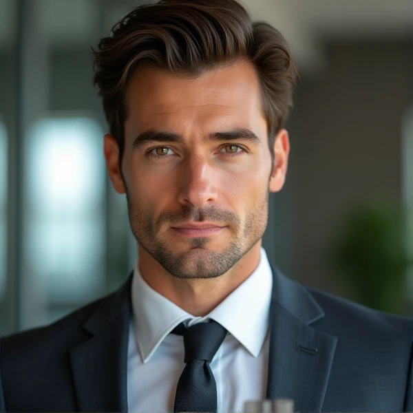 (photorealism:1.2), Handsome brown-haired dark man, brown eyes, no beard, square jaw, dressed in office suit, office background, realistic image